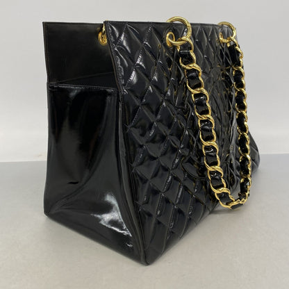 Chanel Chain Tote Bag Quilted Patent Leather Black Gold — view 2