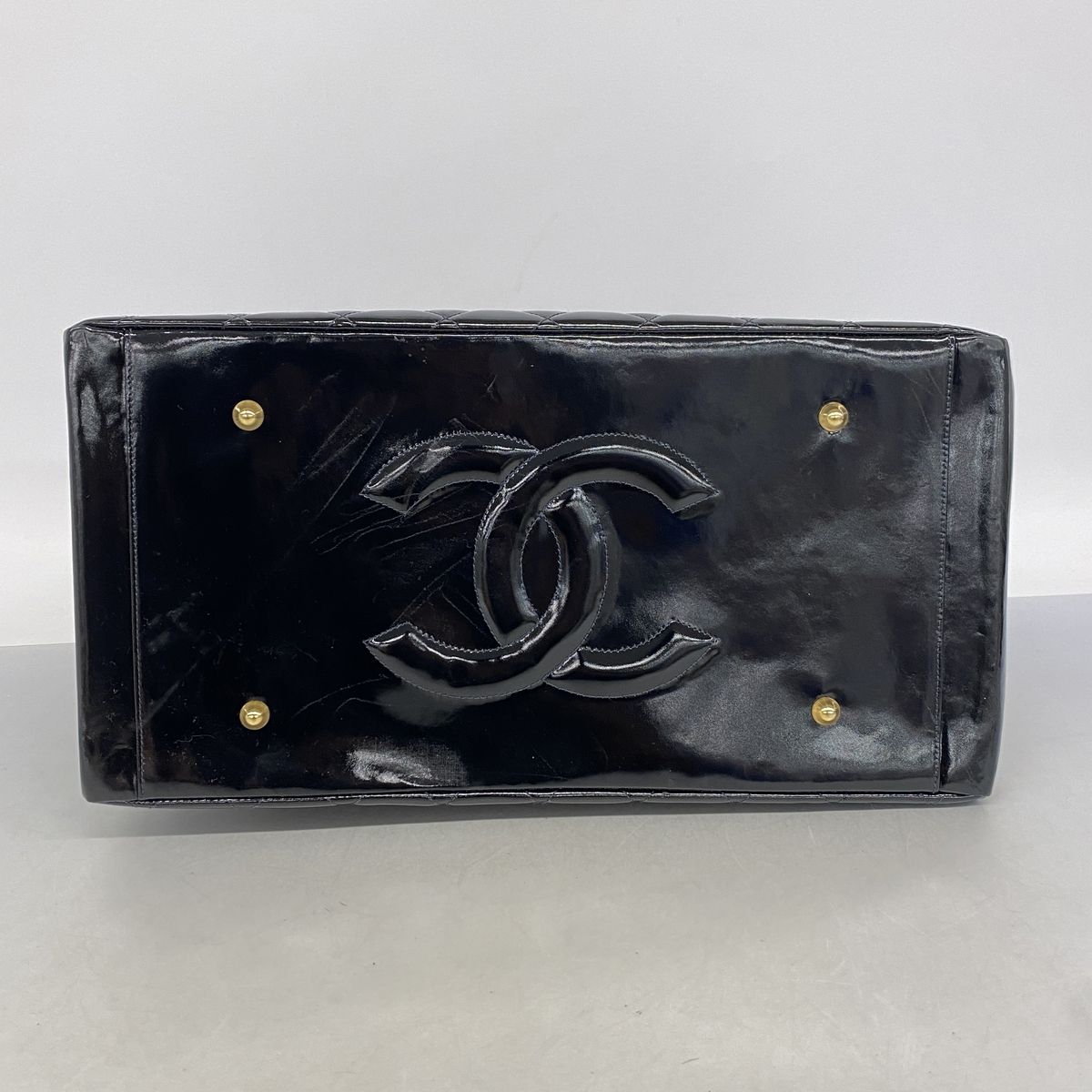 Chanel Chain Tote Bag Quilted Patent Leather Black Gold — view 3