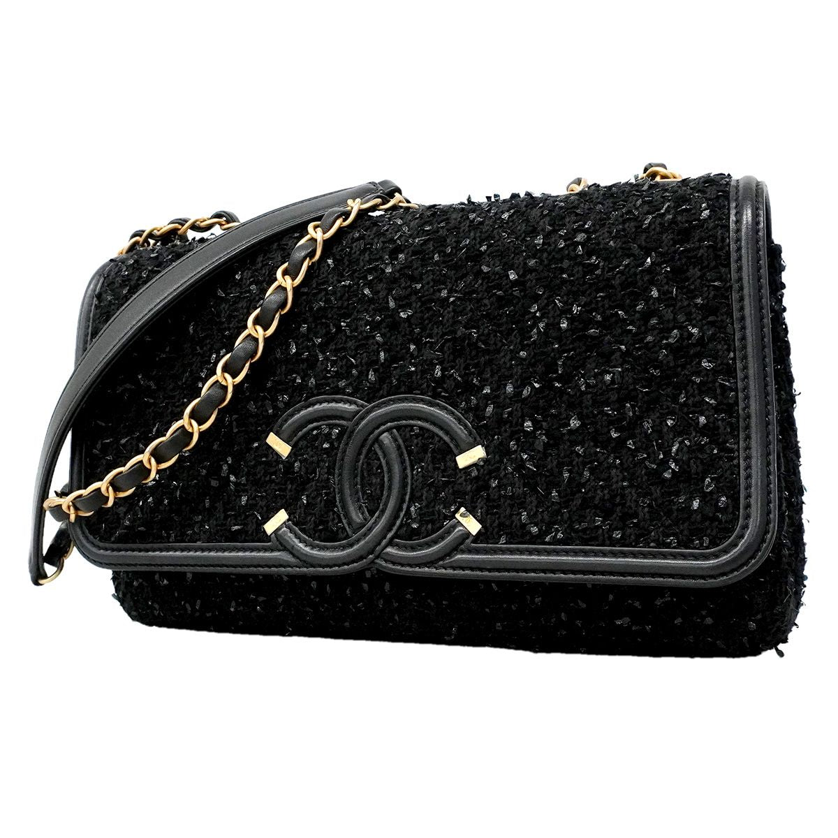 Chanel Shoulder Bag CC Filigree Tweed Black Champagne Gold