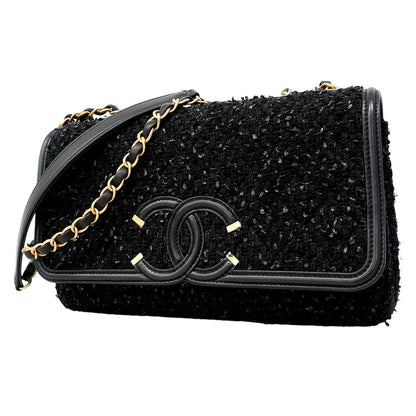 Chanel Shoulder Bag CC Filigree Tweed Black Champagne Gold