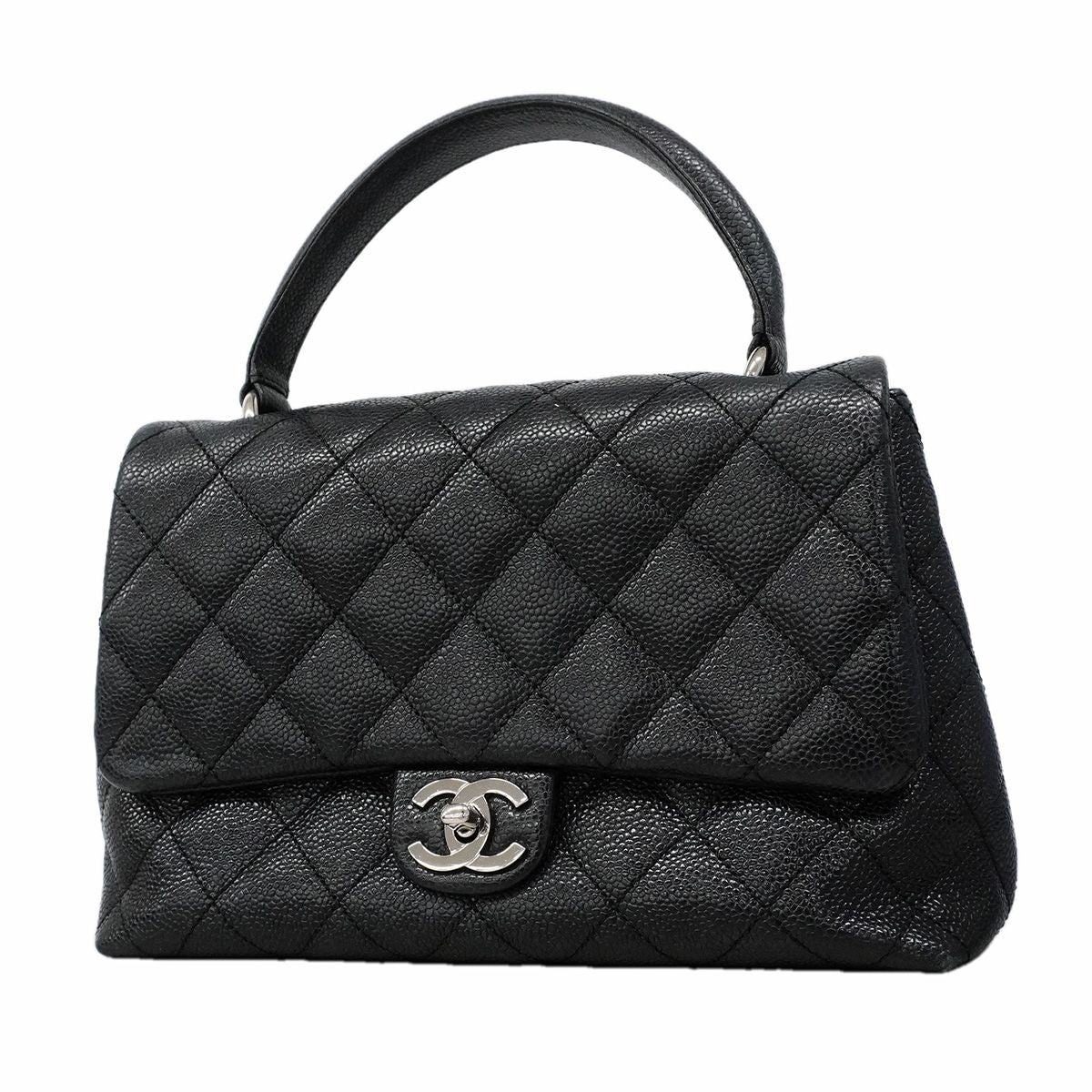 Chanel Handbag Quilted Caviar Leather Black Silver