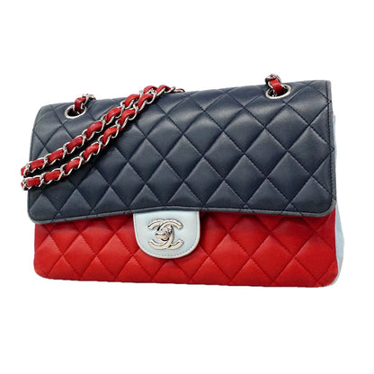 Chanel Shoulder Bag Quilted Lambskin Navy Blue Red Silver