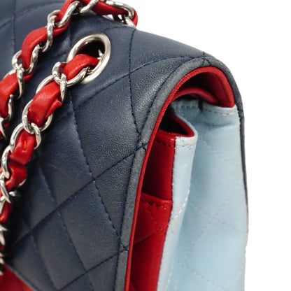 Chanel Shoulder Bag Quilted Lambskin Navy Blue Red Silver — view 7