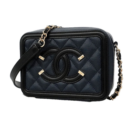Chanel Vanity Bag Quilted CC Filigree Caviar Leather Navy Champagne Gold