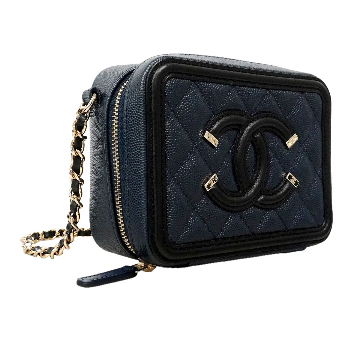 Chanel Vanity Bag Quilted CC Filigree Caviar Leather Navy Champagne Gold — view 2