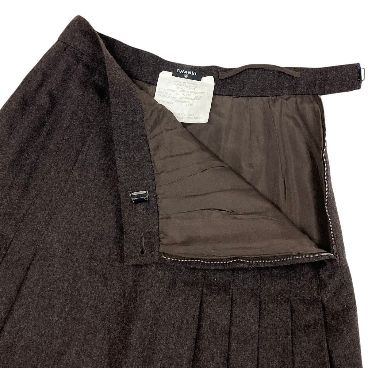 Chanel 90S CC Logo Button Pleated Skirt Brown Wool 36 — view 4
