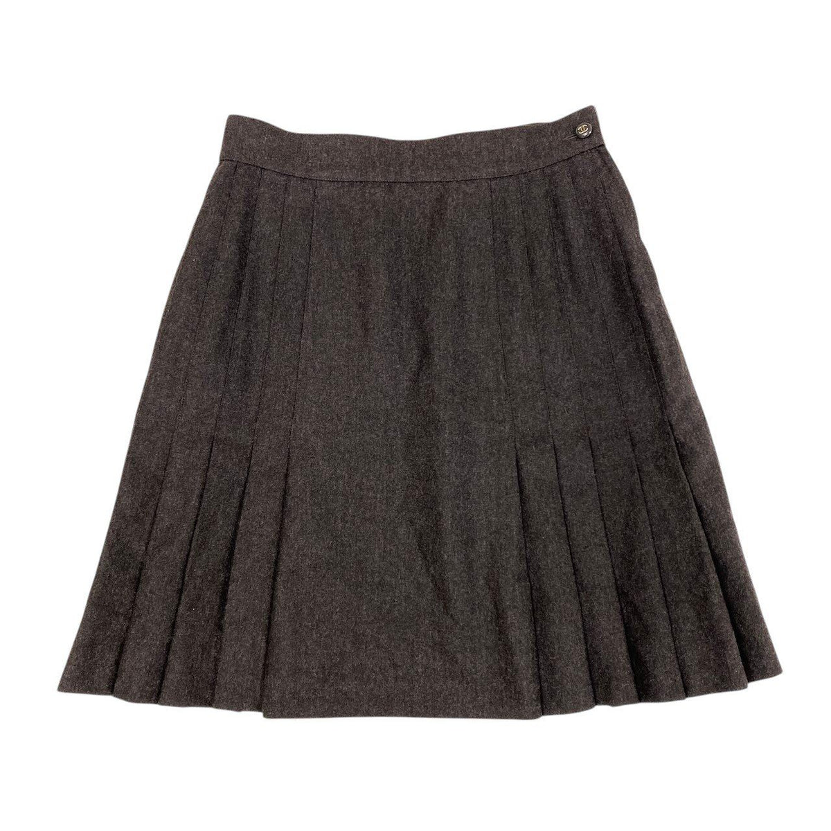 Chanel 90S CC Logo Button Pleated Skirt Brown Wool 36 — view 2