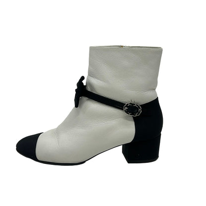 Chanel Short Boots White Black Ribbon CC Logo Rhinestone Leather