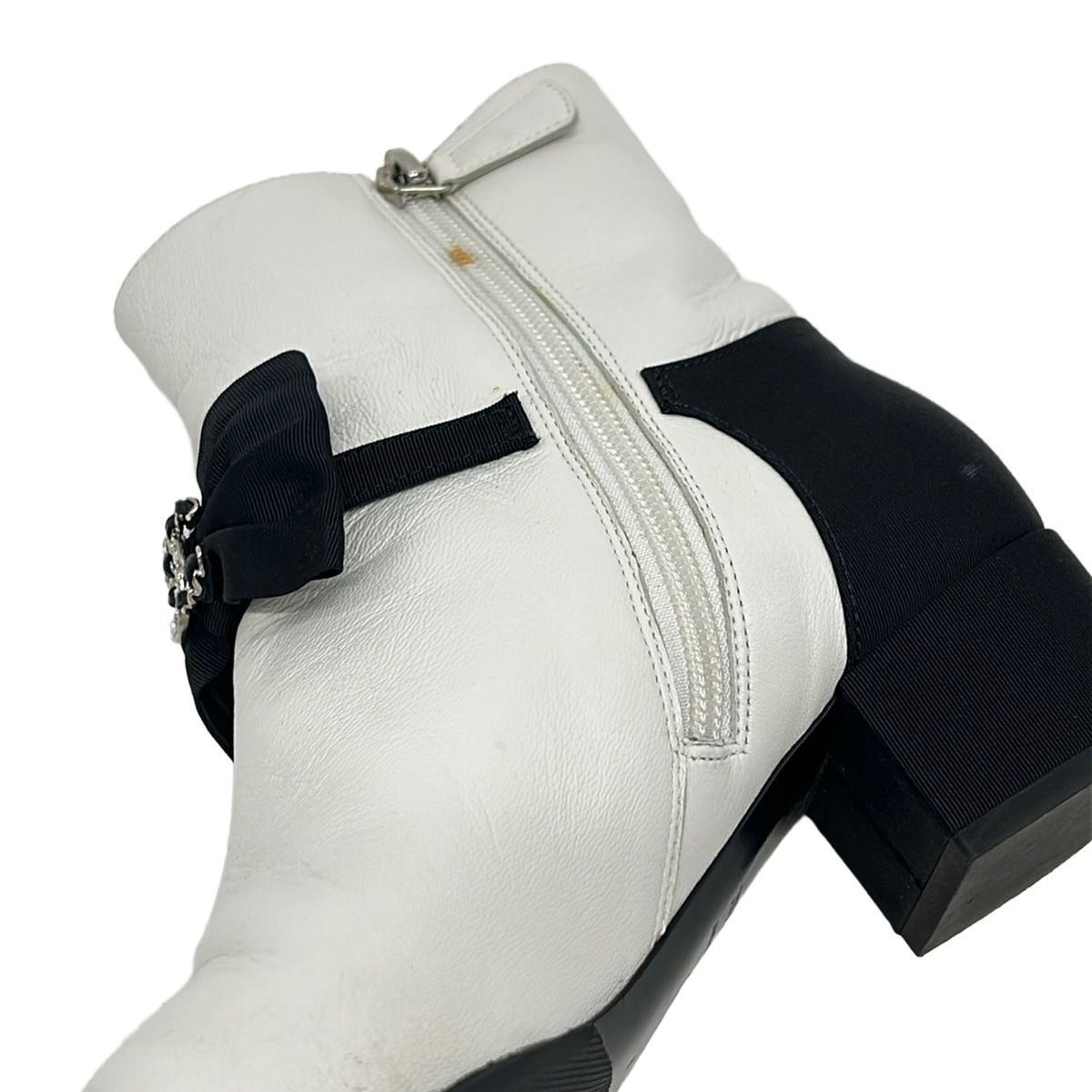 Chanel Short Boots White Black Ribbon CC Logo Rhinestone Leather — view 5