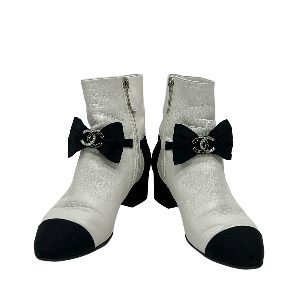 Chanel Short Boots White Black Ribbon CC Logo Rhinestone Leather — view 2