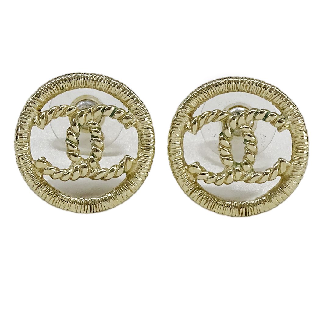 Chanel Earrings CC Logo Metal Champagne Gold