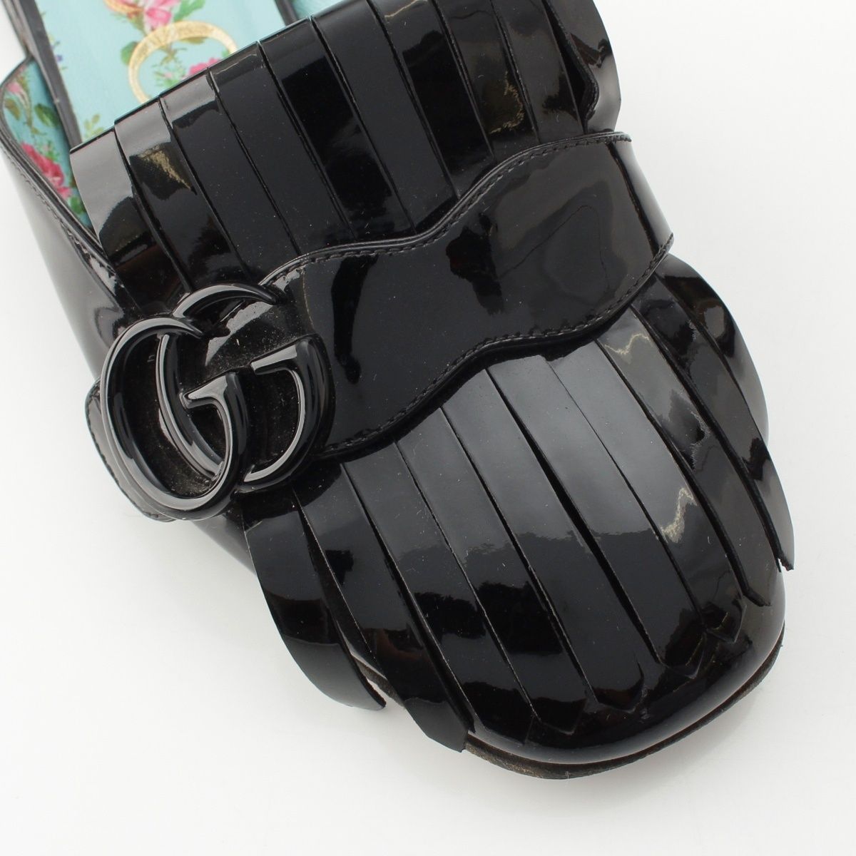Gucci GG Marmont Patent Fringe Mules Shoes Black — view 6