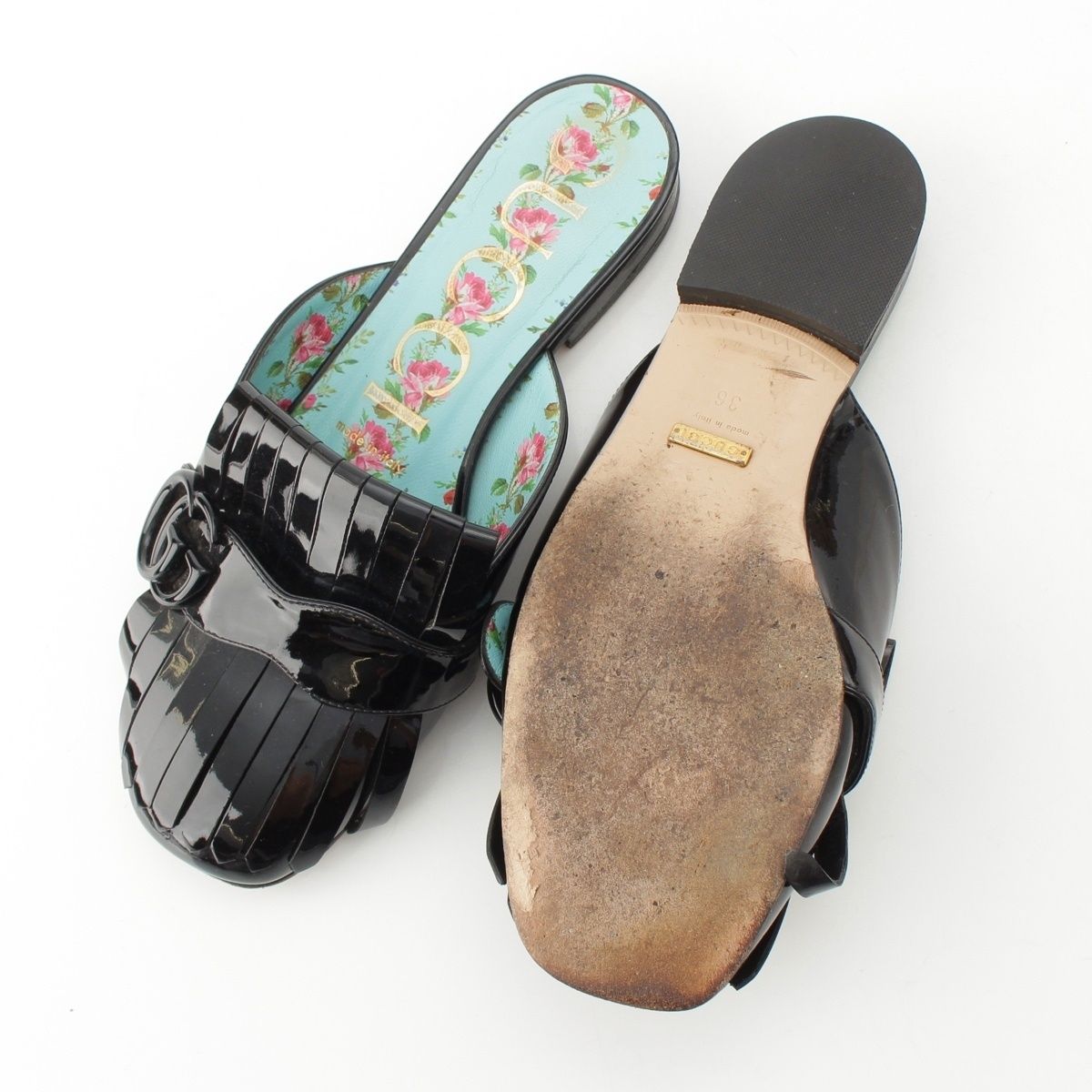 Gucci GG Marmont Patent Fringe Mules Shoes Black — view 5