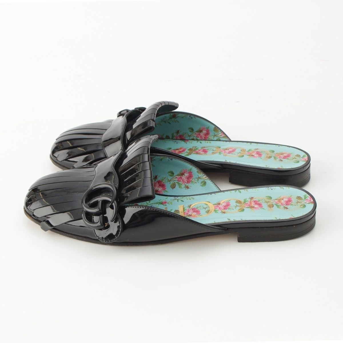 Gucci GG Marmont Patent Fringe Mules Shoes Black — view 3