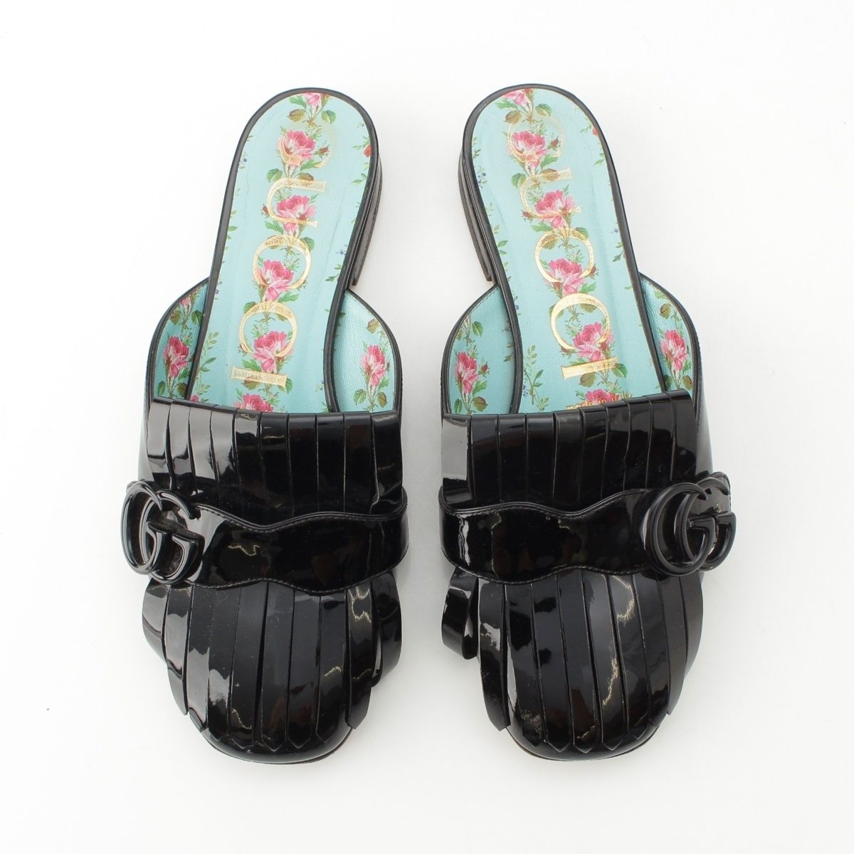 Gucci GG Marmont Patent Fringe Mules Shoes Black — view 2