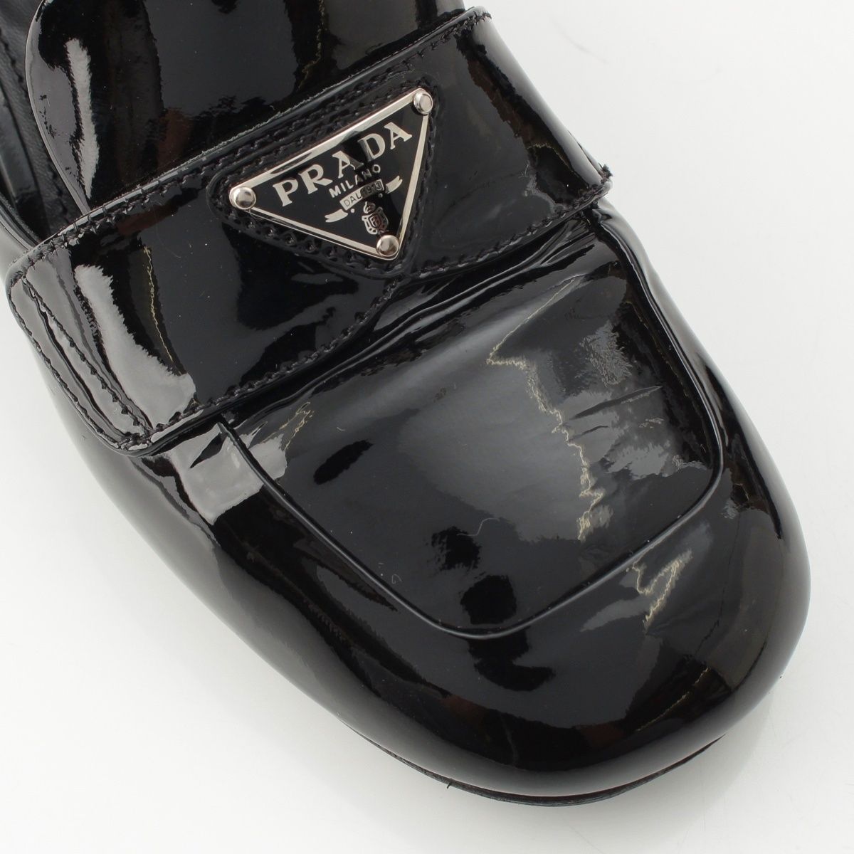 Prada Patent Logo Triangle Chunky Heel Loafers Shoes Black — view 6
