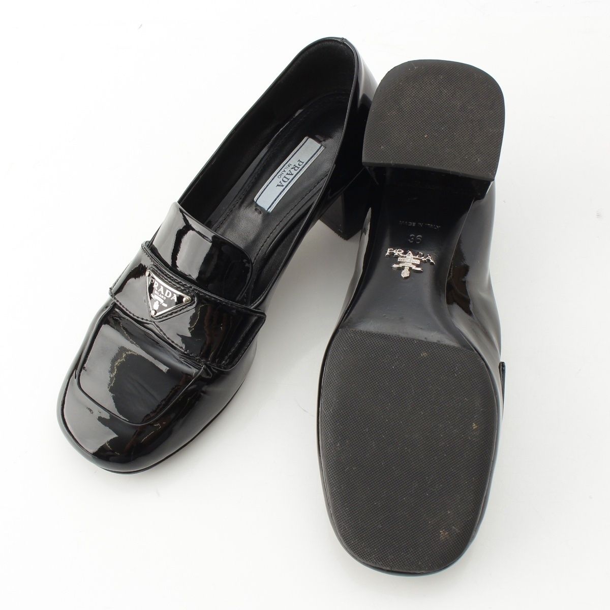 Prada Patent Logo Triangle Chunky Heel Loafers Shoes Black — view 5