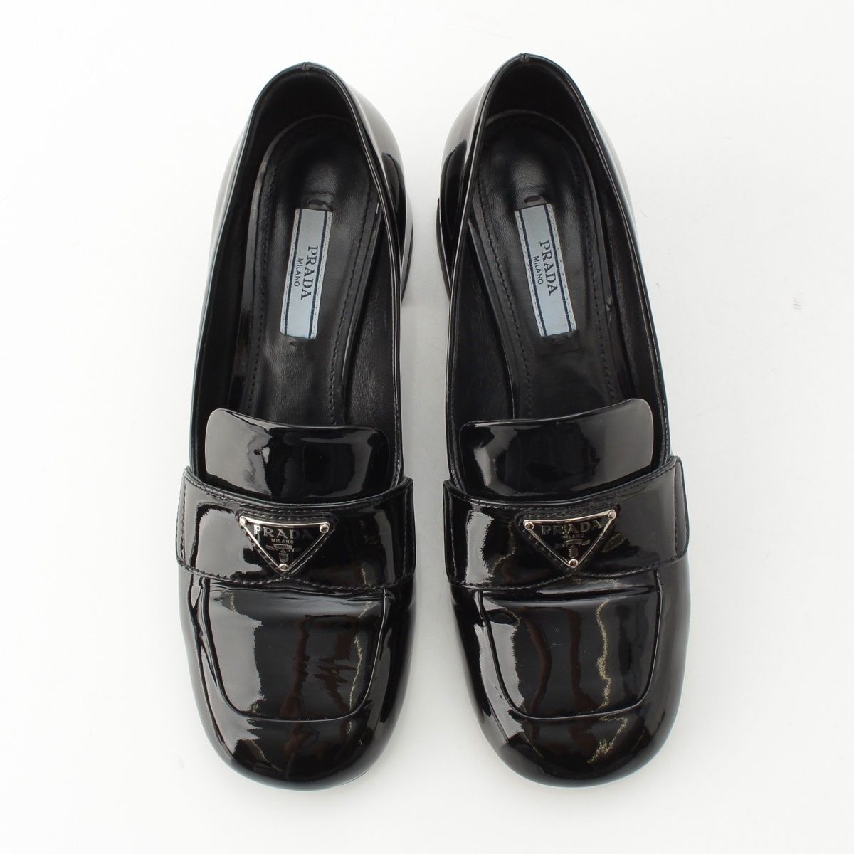 Prada Patent Logo Triangle Chunky Heel Loafers Shoes Black — view 2