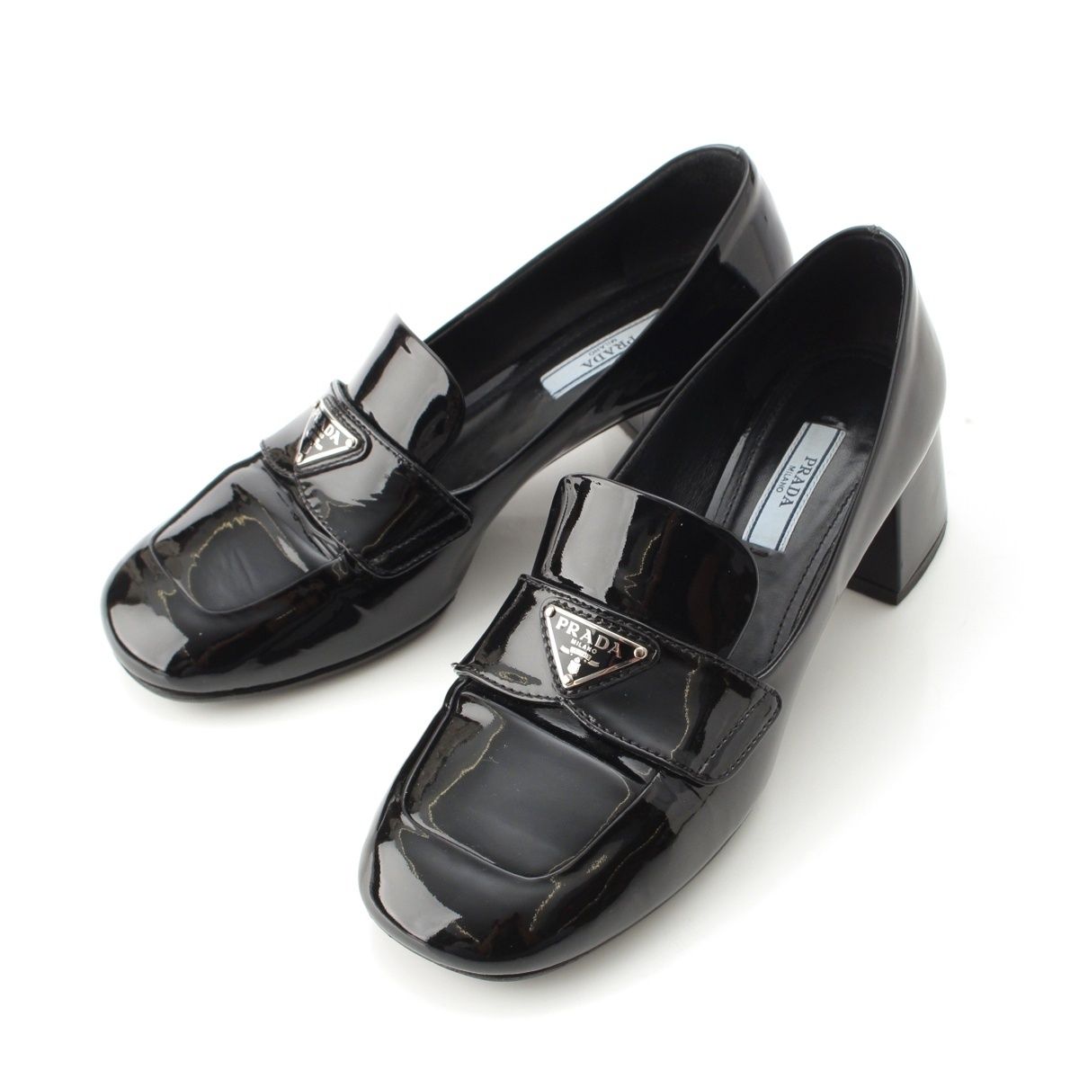 Prada Patent Logo Triangle Chunky Heel Loafers Shoes Black