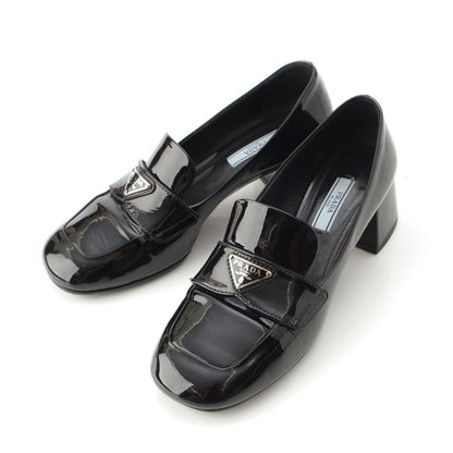 Prada Patent Logo Triangle Chunky Heel Loafers Shoes Black