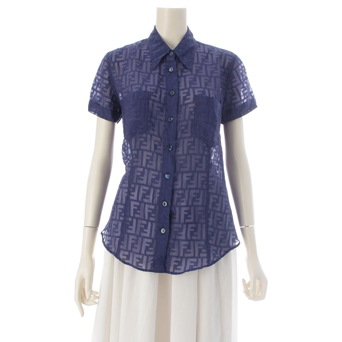 Fendi Jeans Zucca Sheer All Over Print Short Sleeve Shirt Navy 40