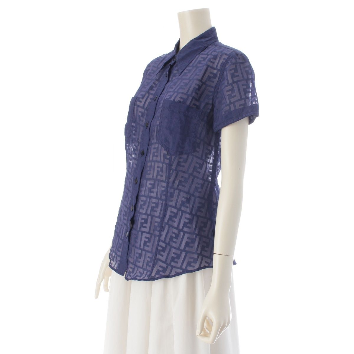 Fendi Jeans Zucca Sheer All Over Print Short Sleeve Shirt Navy 40 — view 2