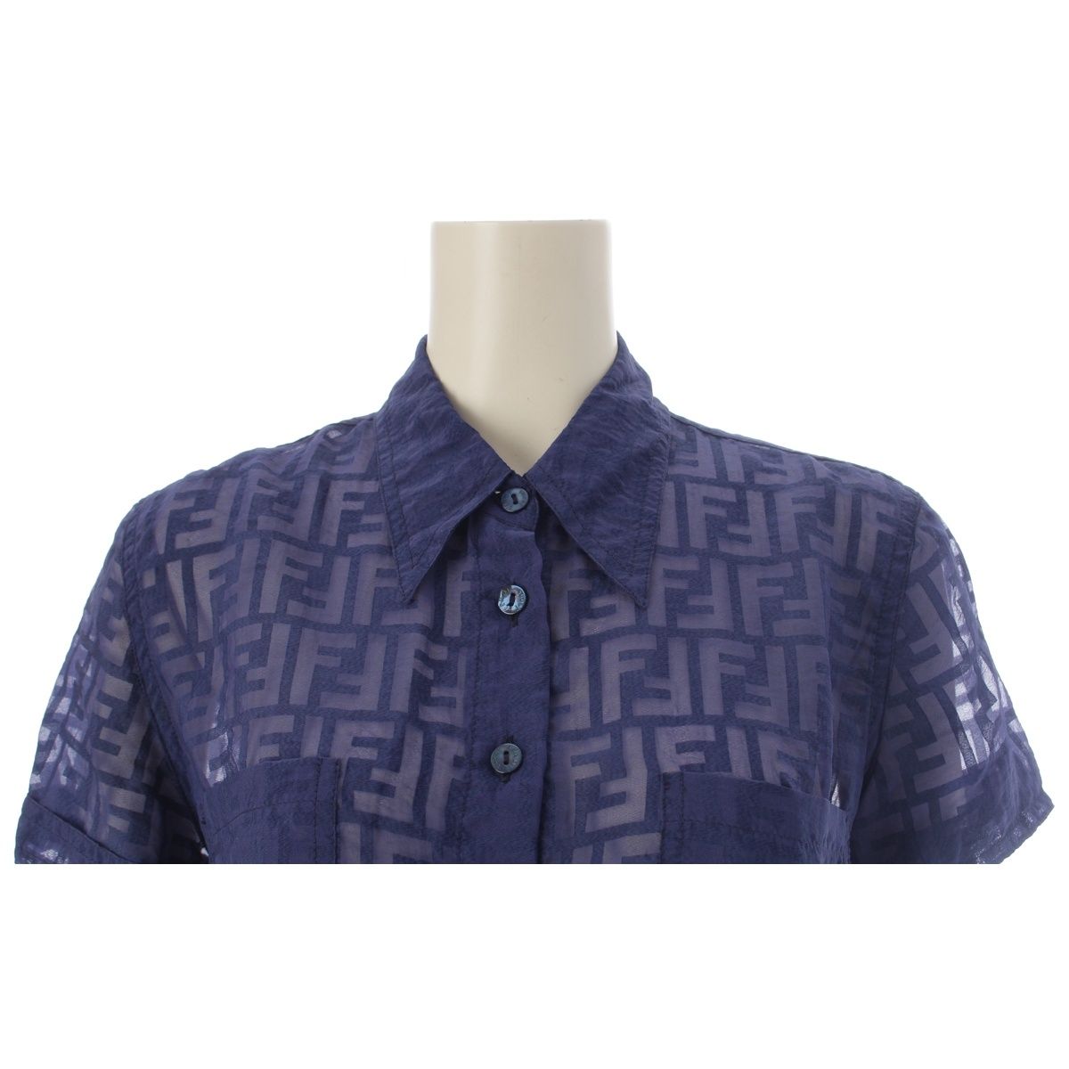 Fendi Jeans Zucca Sheer All Over Print Short Sleeve Shirt Navy 40 — view 5