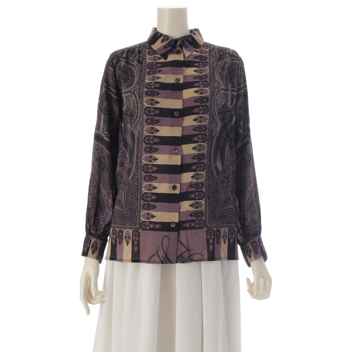 Hermes Wool Silk All Over Print Long Sleeve Shirt Blouse Purple 36