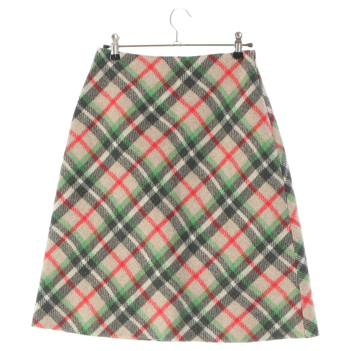 Miu Miu Wool Melton Check Back Logo Midi Skirt Green Red Beige 38