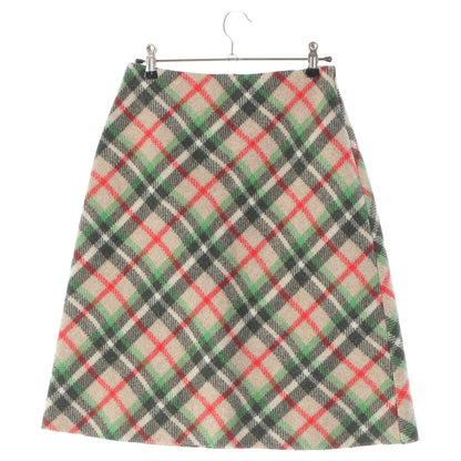 Miu Miu Wool Melton Check Back Logo Midi Skirt Green Red Beige 38