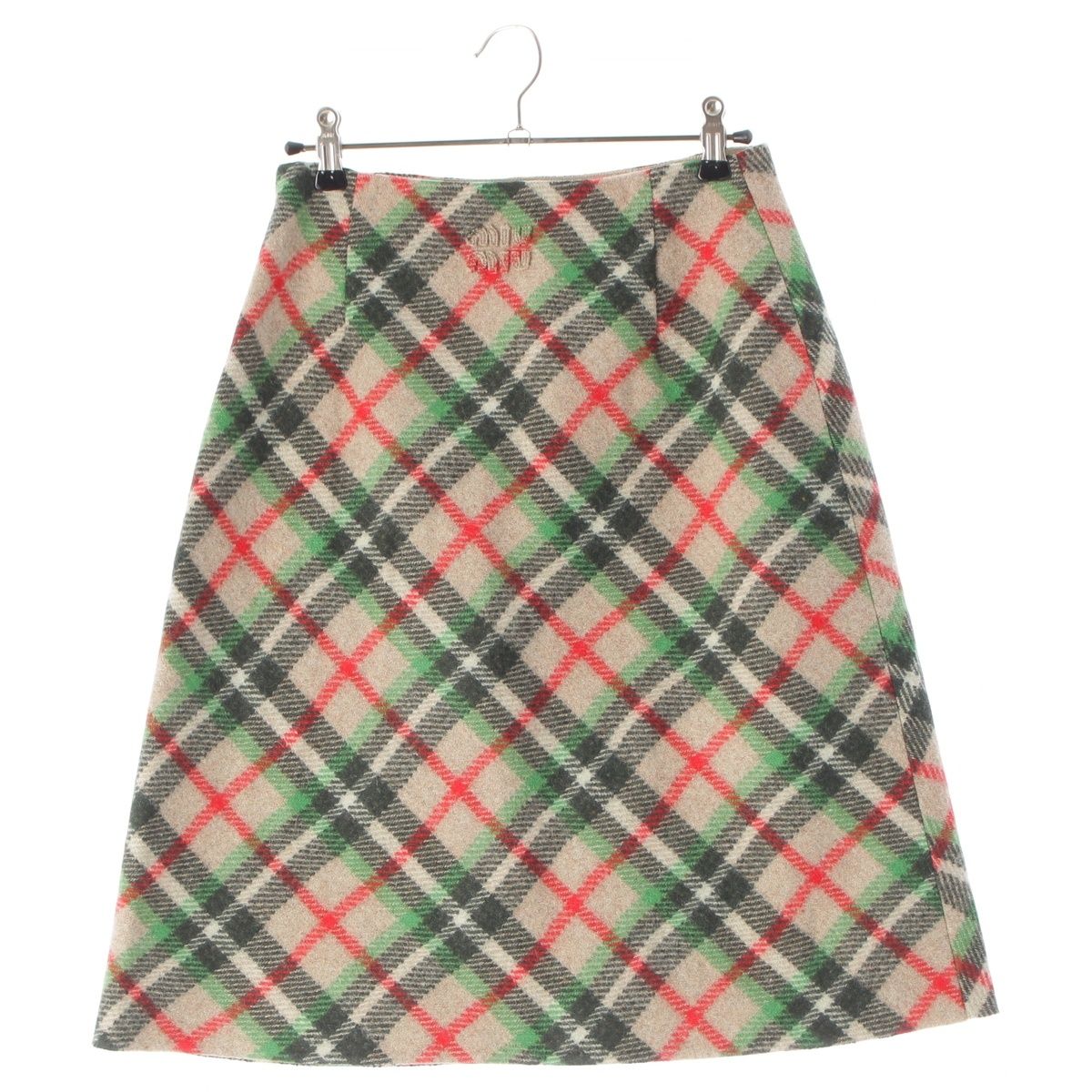 Miu Miu Wool Melton Check Back Logo Midi Skirt Green Red Beige 38 — view 2