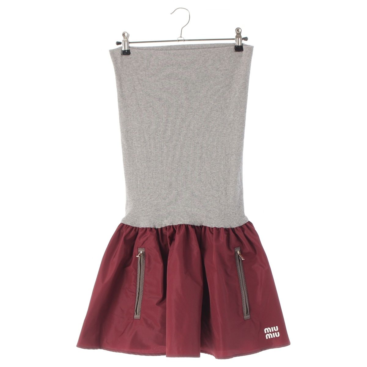 Miu Miu Technical Fabrics Logo Ribknit Easy Mini Skirt Amaranthbordeaux Gray 36