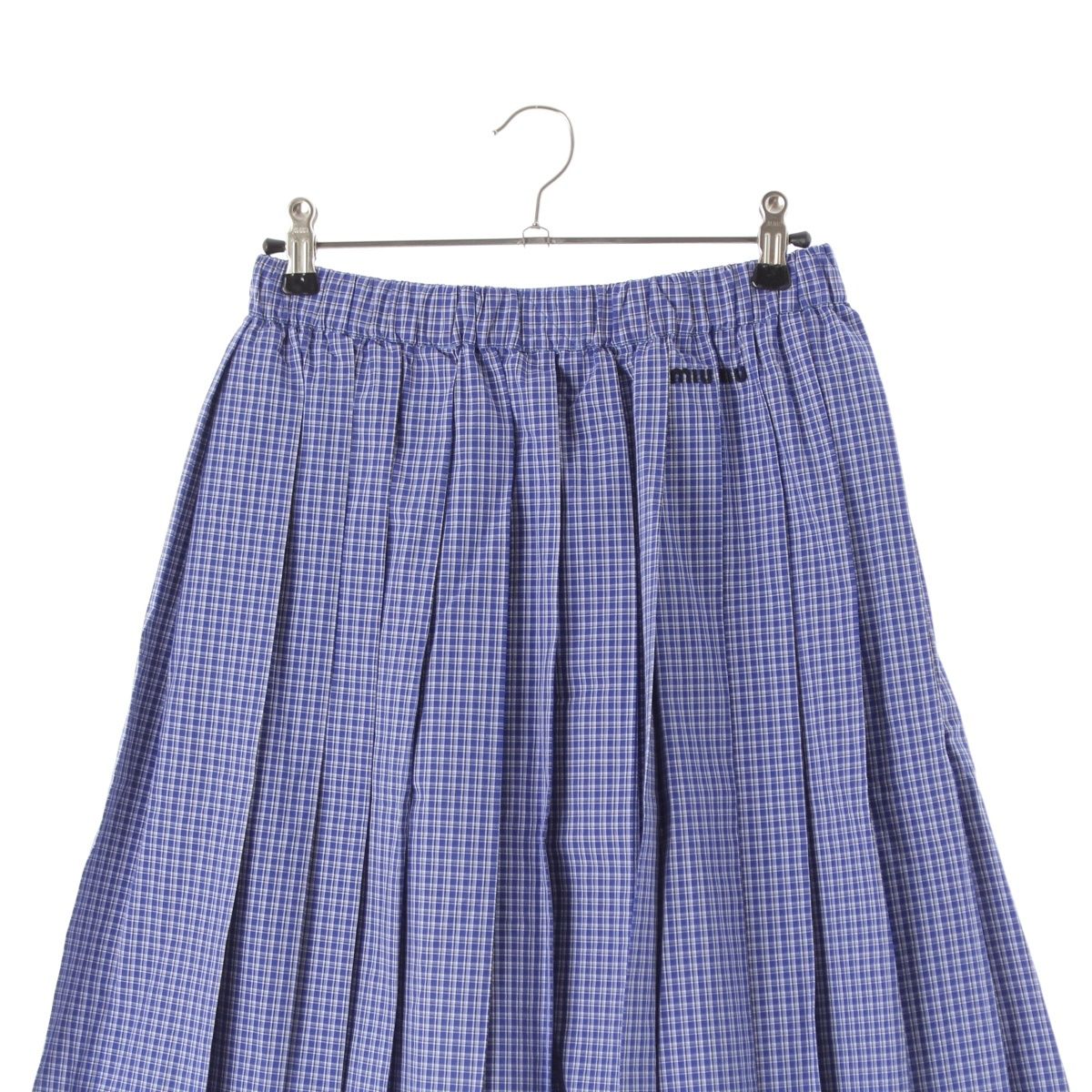 Miu Miu Cotton Check Pleated Midi Elastic Waist Skirt Blue White — view 3