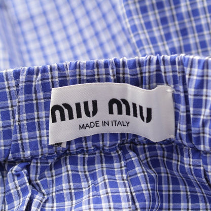 Miu Miu Cotton Check Pleated Midi Elastic Waist Skirt Blue White — view 7