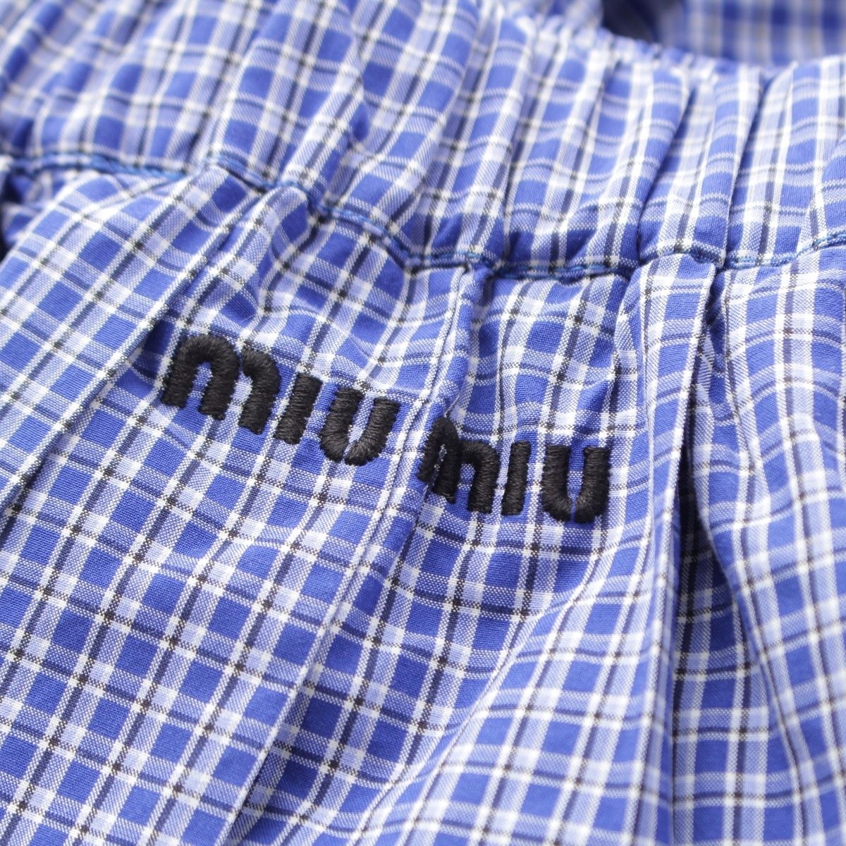 Miu Miu Cotton Check Pleated Midi Elastic Waist Skirt Blue White — view 5