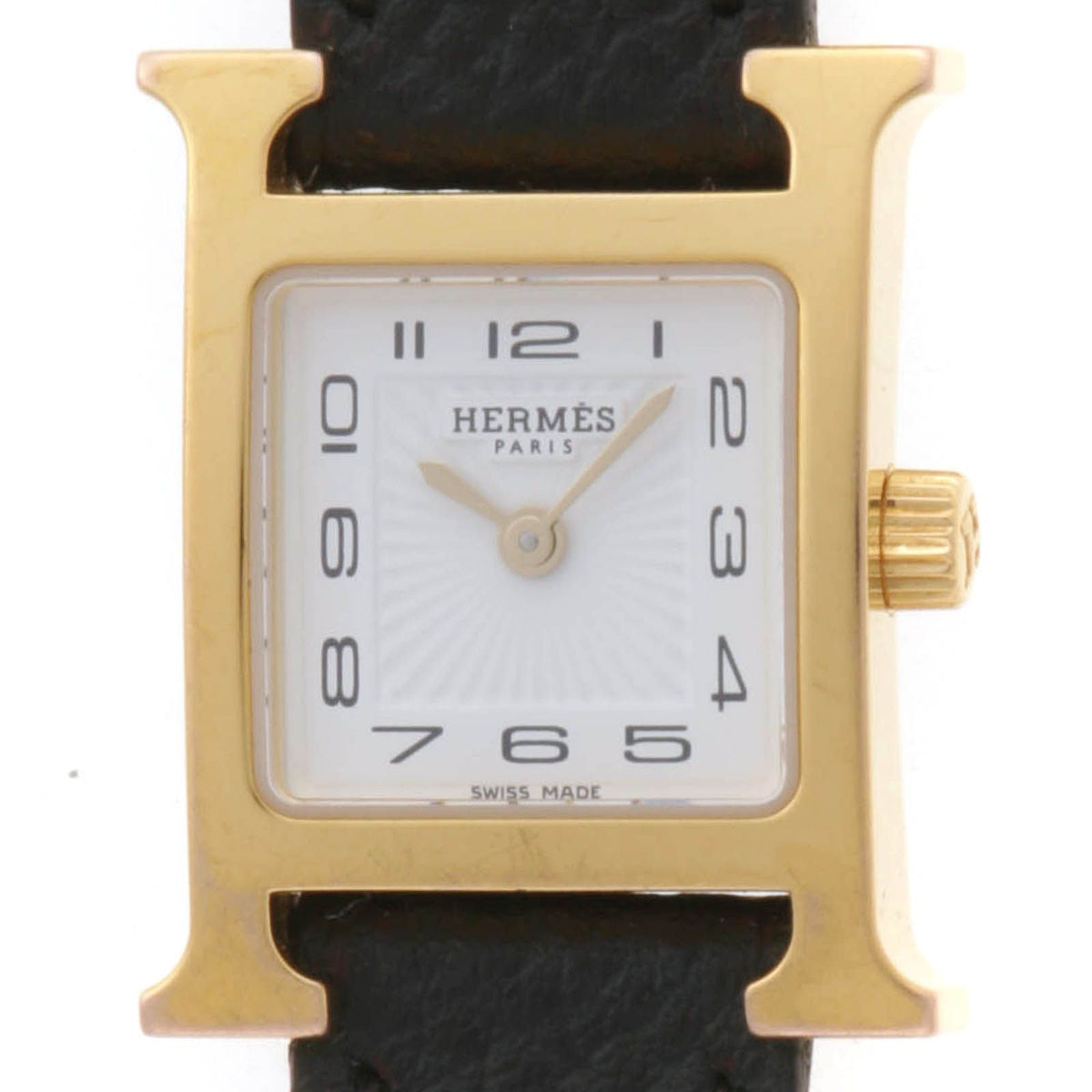 Hermes H Watch Mini Uno Gold Plated Veau Epsom White Dial Quartz