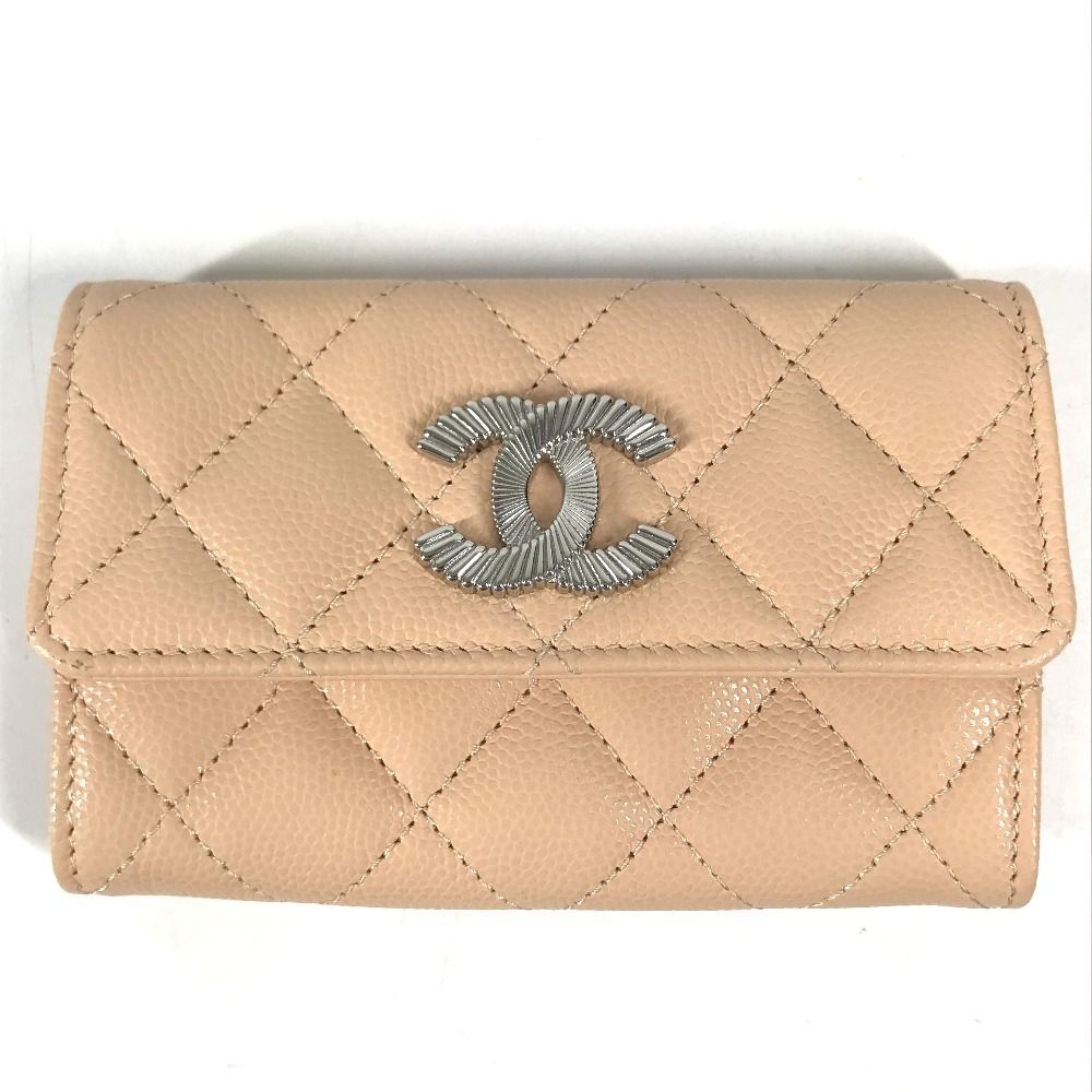 Chanel Card Case CC Logo Caviar Leather Beige
