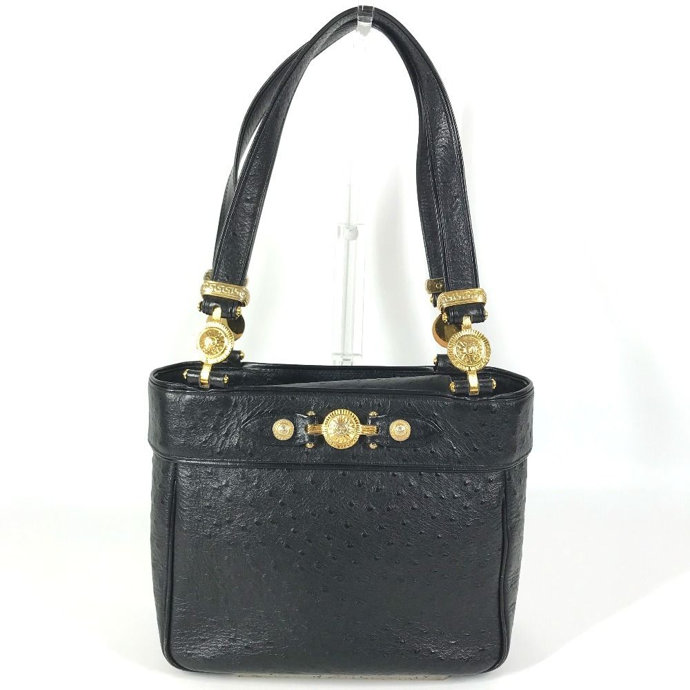 Versace Shoulder Bag Logo Sunburst Vintage Embossed Leather Black