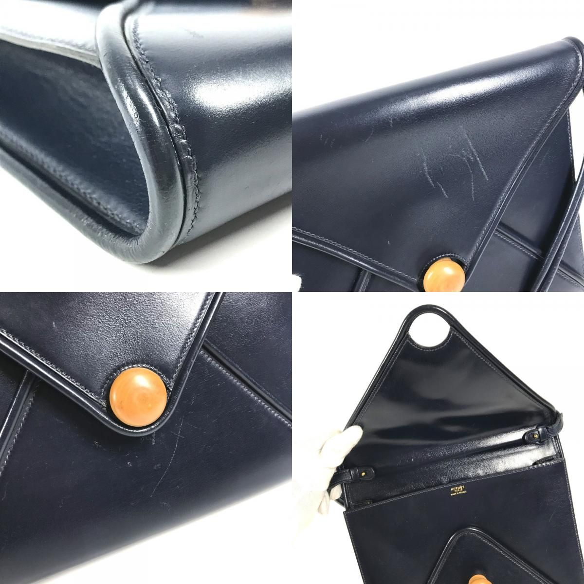 Hermes Shoulder Bag Wood Button Vintage Leather Navy — view 7