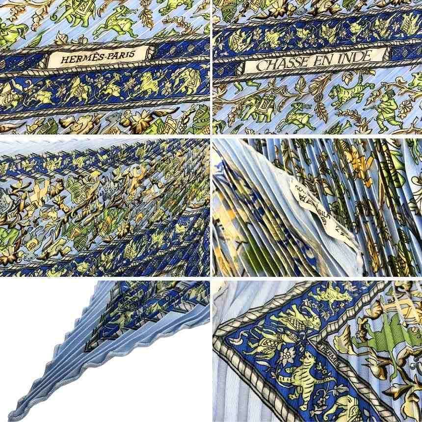 Hermes Pleated Scarf Carre 90 Chasse en Inde Indian Hunting Silk Blue — view 3