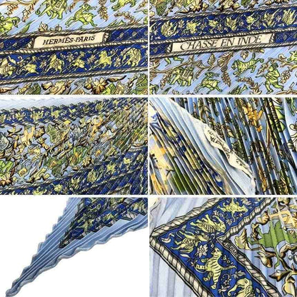 Hermes Pleated Scarf Carre 90 Chasse en Inde Indian Hunting Silk Blue — view 3