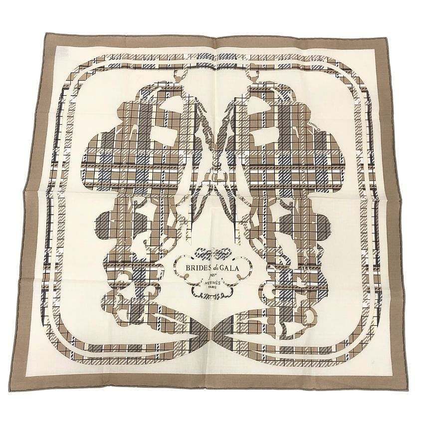 Hermes Handkerchief Cotton Carre Brides de Gala Tartan 02 Ecru Beige