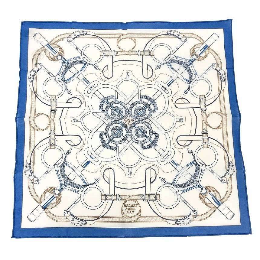 Hermes Handkerchief Cotton Carre Eperon D'or Apron Doll White Blue
