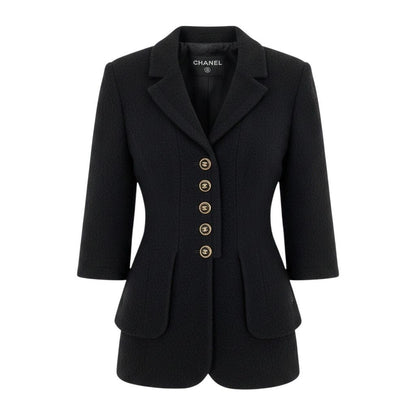 Chanel Cropped Tweed Jacket CC Logo Black 38