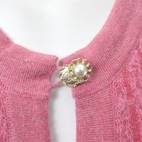 Chanel Tweed Knit Dress Long CC Logo Faux Pearl Gold Button Pink 42 — view 4