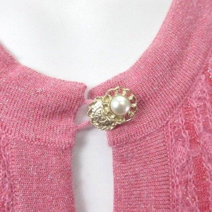 Chanel Tweed Knit Dress Long CC Logo Faux Pearl Gold Button Pink 42 — view 4