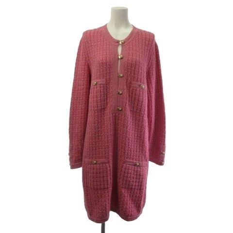 Chanel Tweed Knit Dress Long CC Logo Faux Pearl Gold Button Pink 42