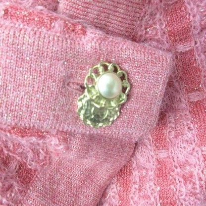 Chanel Tweed Knit Dress Long CC Logo Faux Pearl Gold Button Pink 42 — view 7
