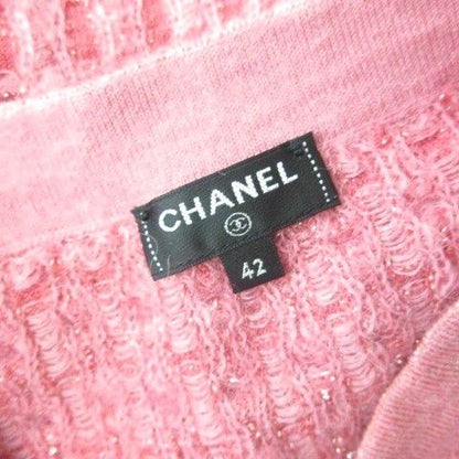 Chanel Tweed Knit Dress Long CC Logo Faux Pearl Gold Button Pink 42 — view 6