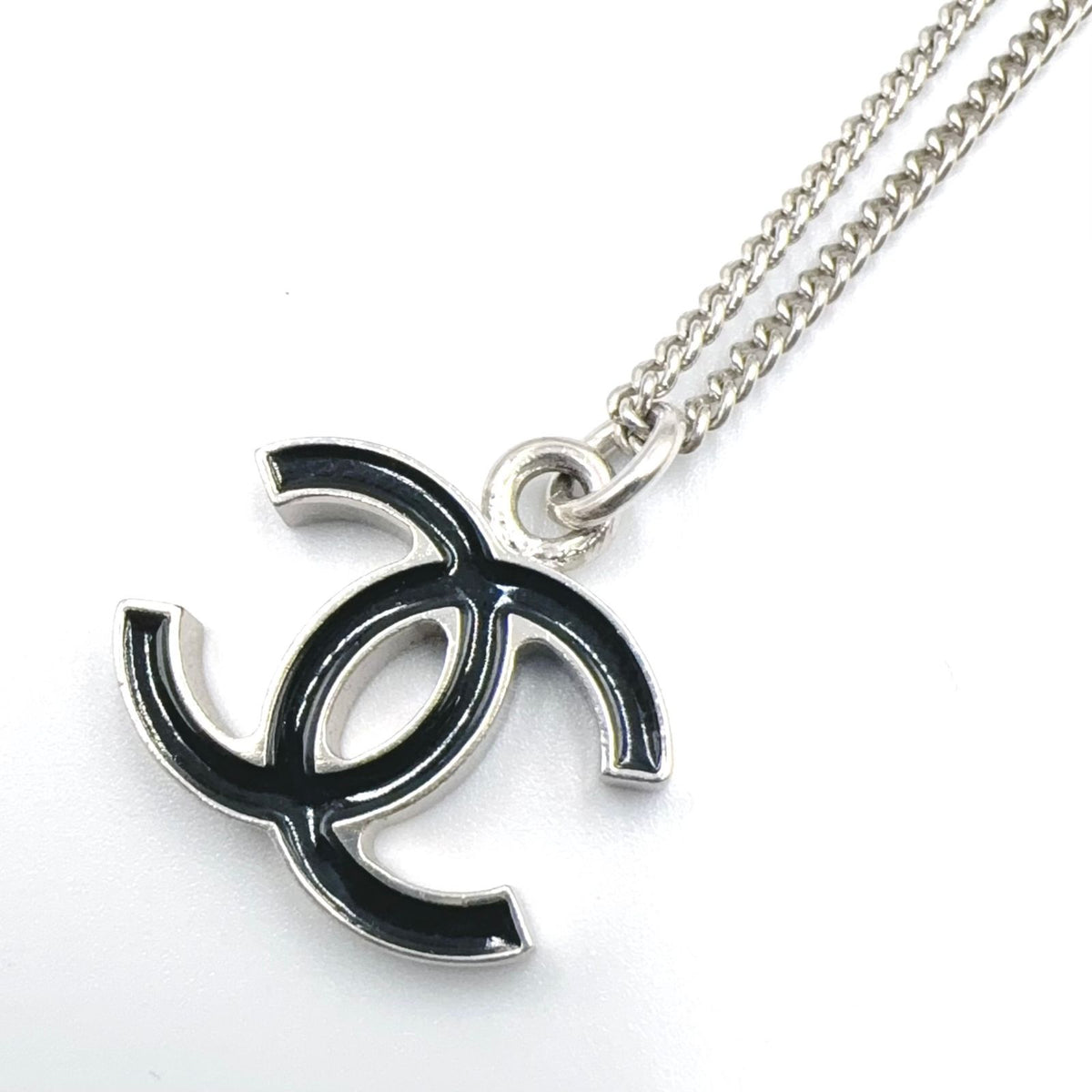 Chanel CC Logo Metal Enamel Silver Black Necklace